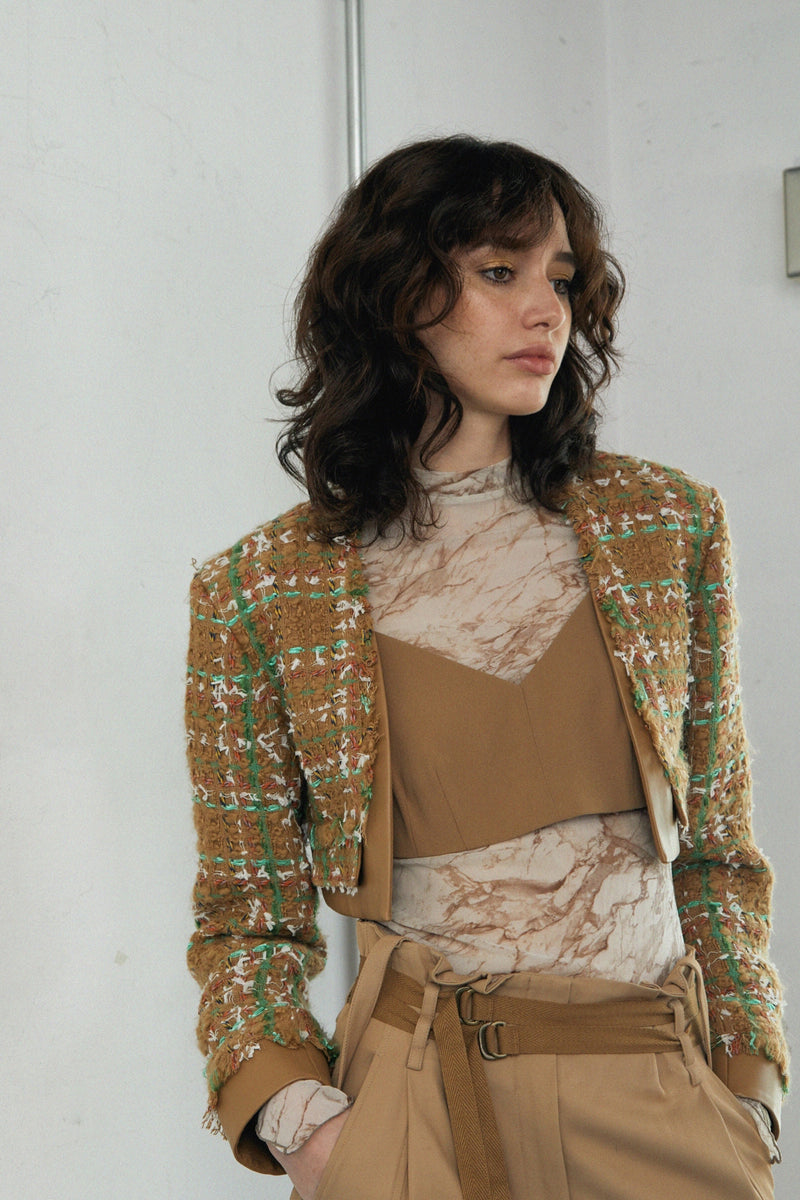 khakipoint ツイードジャケット ホワイト アイボリー クロップ丈 ホワイトジョーラ WHITE JOOLA 【洗える＆防シワ！】金ボタンダブル