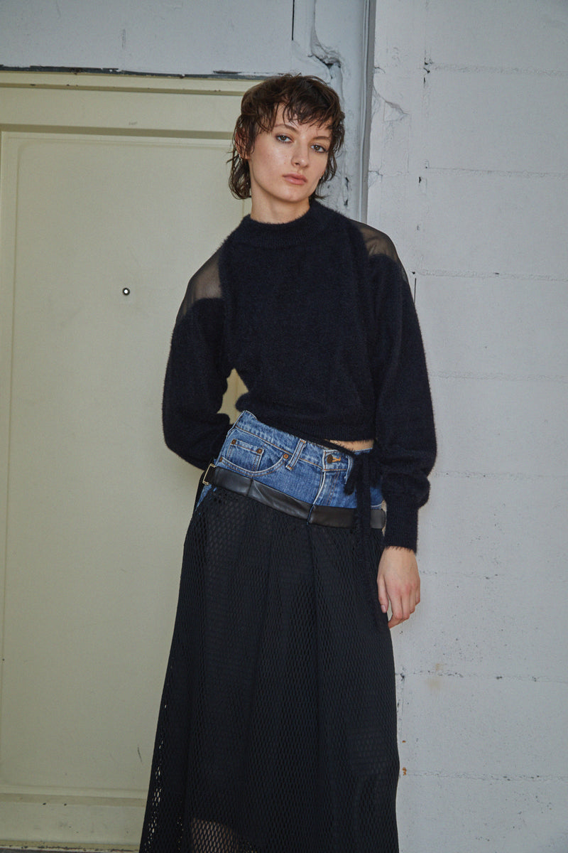 ★ ブラック ケミカルウォッシュ デニム ダメージ フリル リメイク スカート★ リメイクデニムメッシュスカート Black – WRINN OFFICIAL