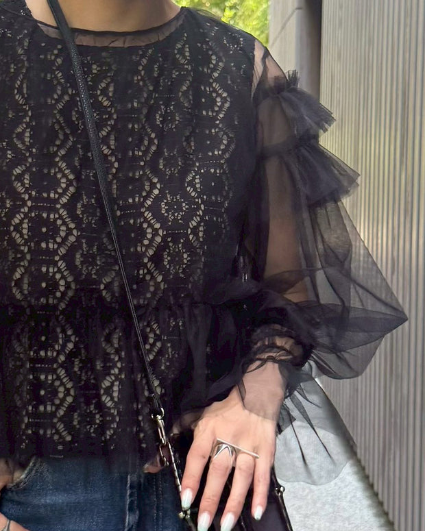 Tulle Layered Lace Top Black
